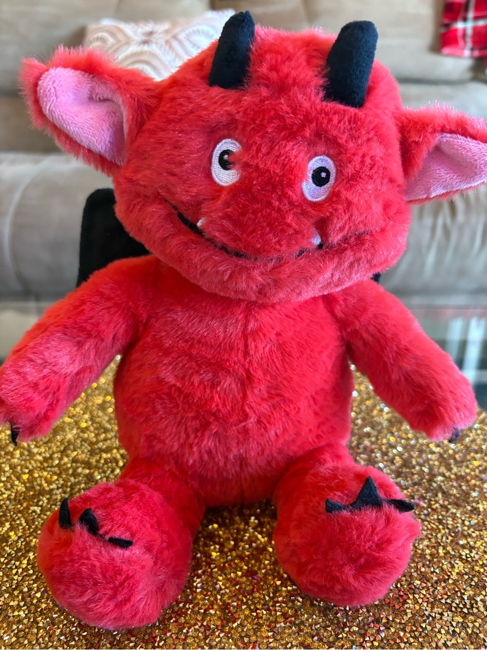 Cutest Red Plush NWT Monster Devil  Stuffed Toy with Black Horns. 9” Tall